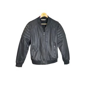 Zara Man Black Faux Leather Bomber Jacket Quilted Shoulder Full Zip Mens XL